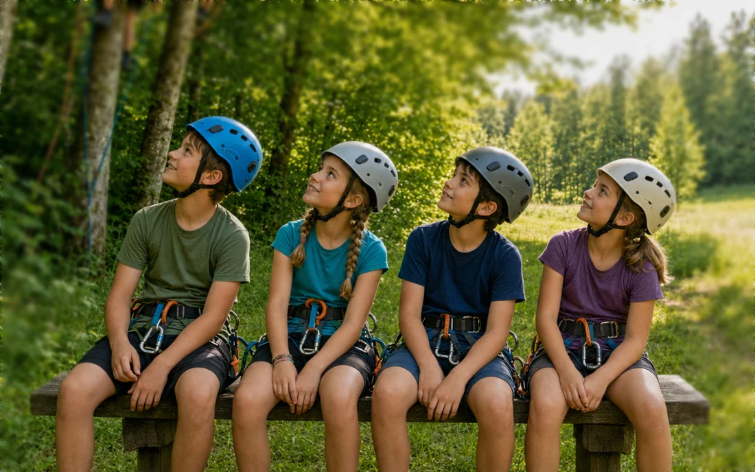 Vier Kinder der Erprobungsstufe mit Helmen und Klettergurten sitzen im Naturraum auf einer Bank.