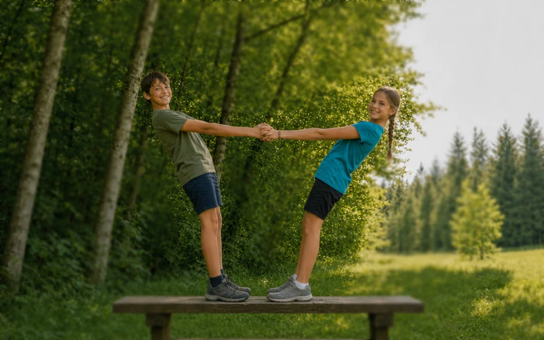 Zwei Kinder halten sich im Naturraum auf einer Bank an den Händen.